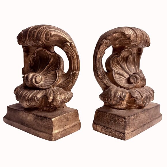 Ornate Gold Toned Bookends Set of 2 Shelf Decor Shell Motif Design VTG Resin - Picture 1 of 13